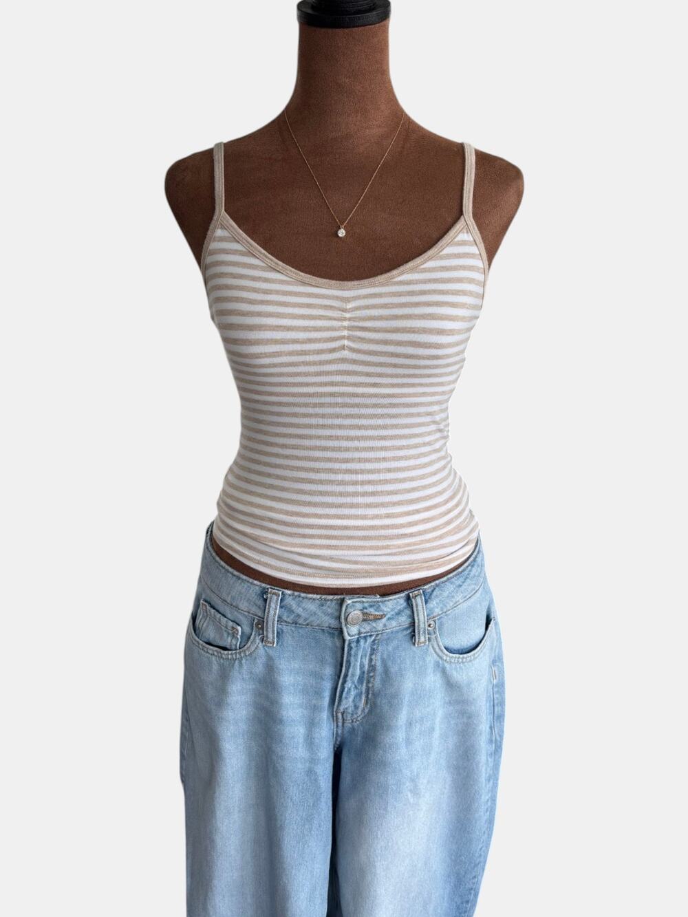 Aerie Cotton Tan White Striped V Neck Cami Tank Top Adjustable Strap Extra Small